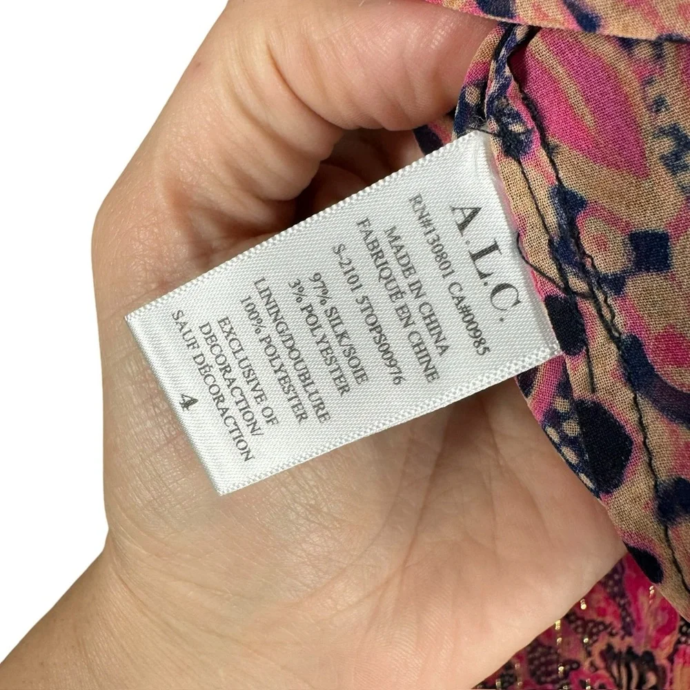 A.L.C. Women’s 4 Hayley Printed Top Silk Blend Chiffon Flutter Sleeve Blouse - Picture 4 of 14